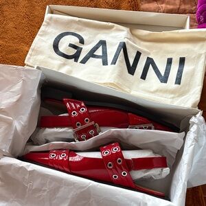 Ganni Red Patent Leather Buckle Flats